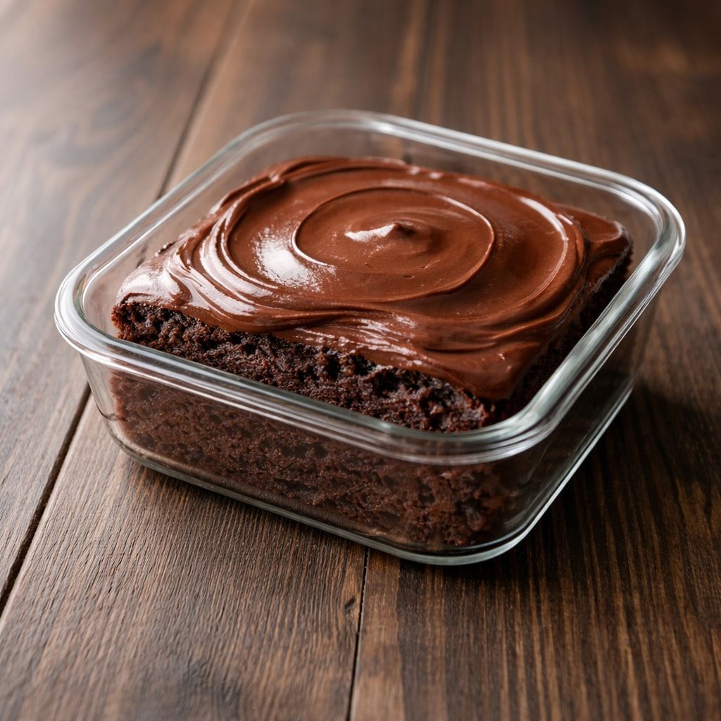Bolo de chocolate em um pequeno refratário quadrado de vidro, coberto com creme de chocolate brilhante em espiral, sobre uma mesa de madeira escura.