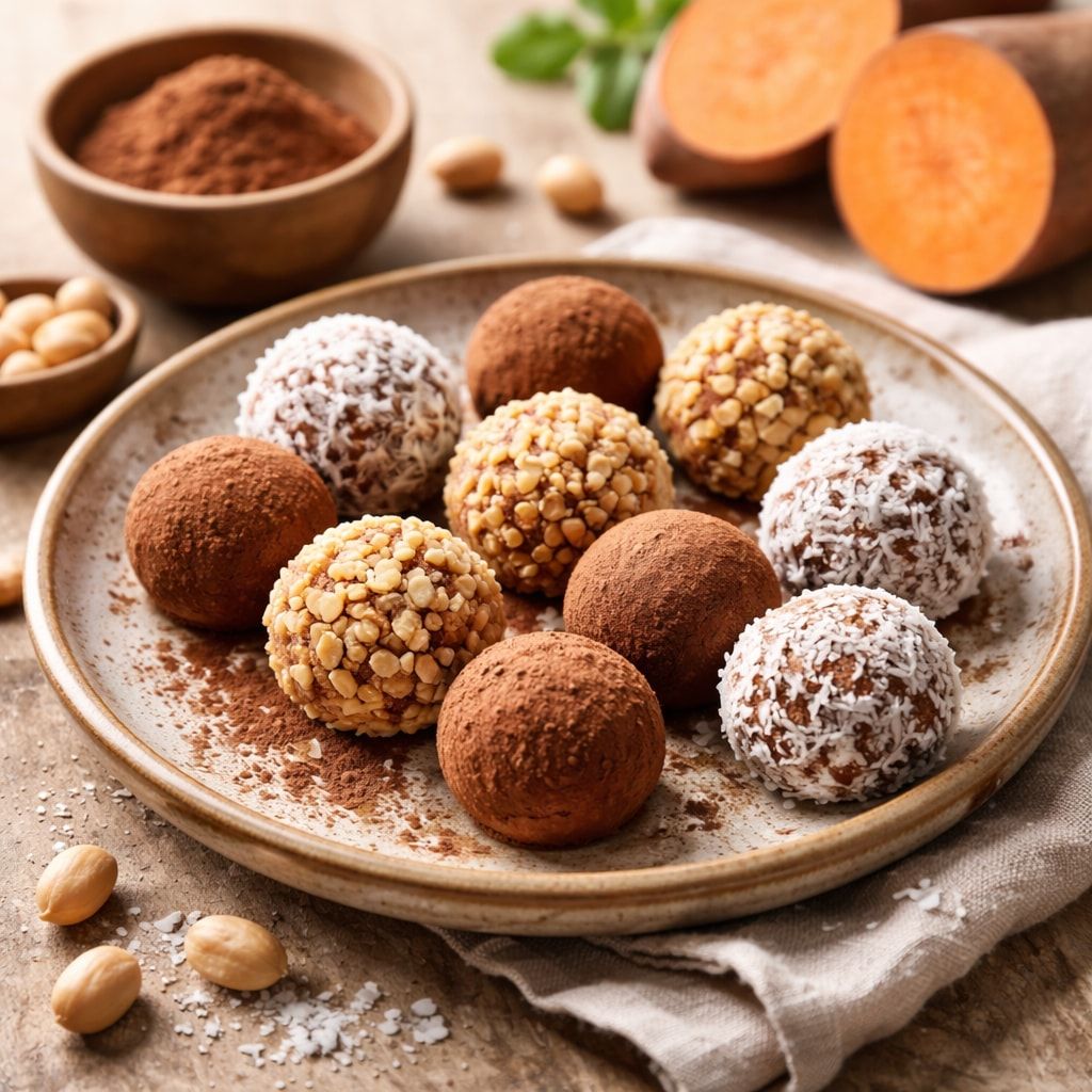 Brigadeiros fit em um prato de cerâmica, alguns passados no cacau, outros no coco ralado e outros no amendoim triturado, com uma tigela de cacau em pó ao fundo.