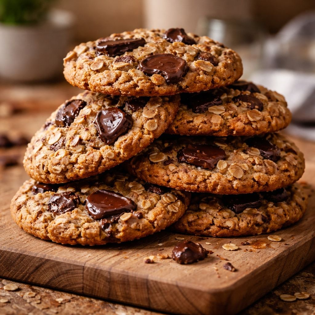 Pilha de cookies de aveia dourados com pedaços de chocolate derretido, sobre uma tábua de madeira com flocos de aveia espalhados.