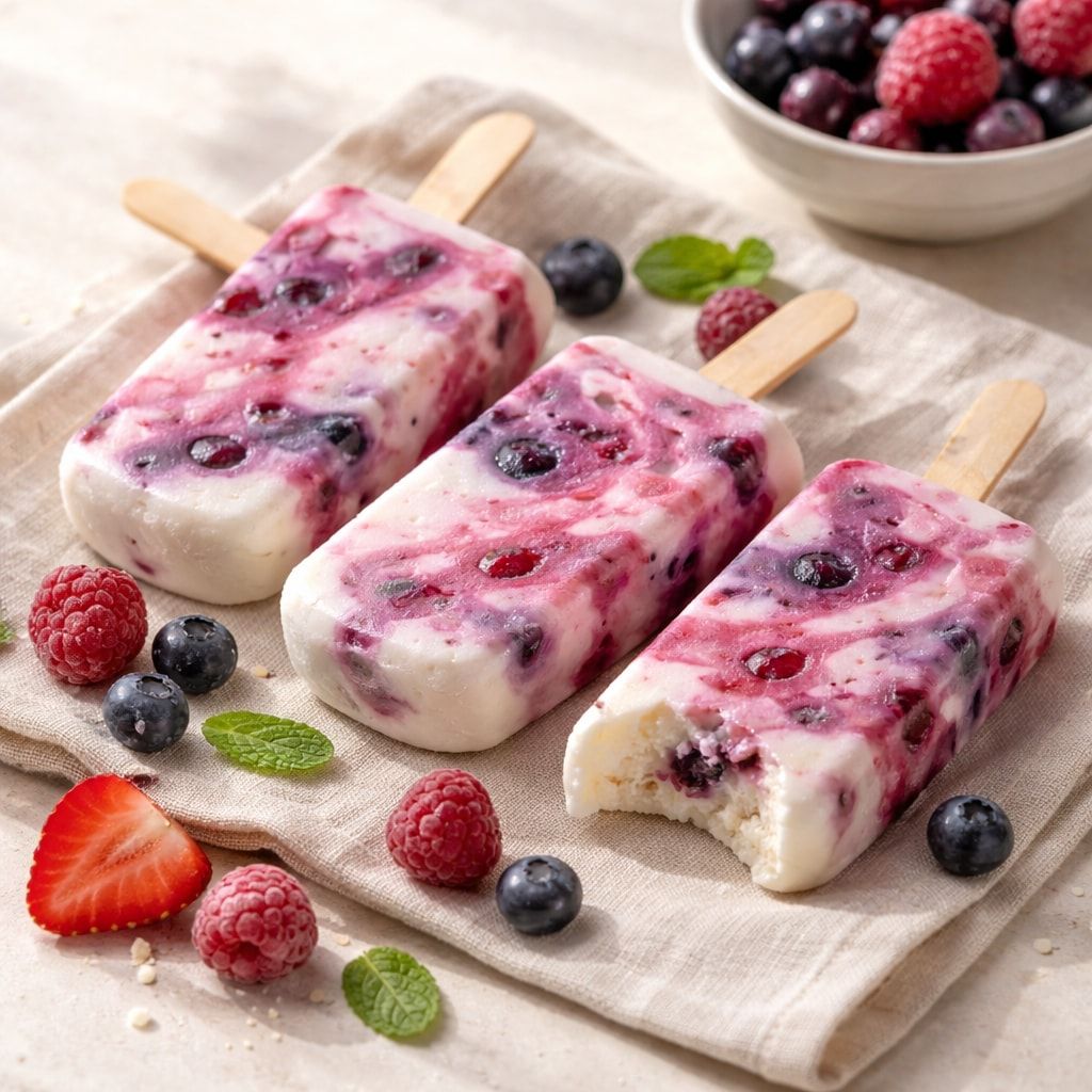 Três picolés marmorizados de iogurte com frutas vermelhas sobre um pano de linho bege, um deles mordido mostrando o interior cremoso, com framboesas, mirtilos, morango e folhas de hortelã ao redor.