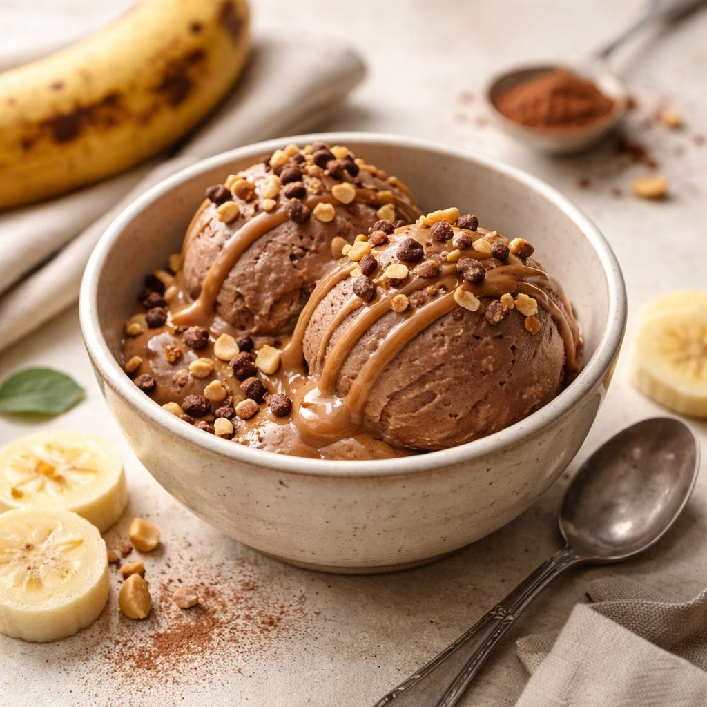 Tigela de cerâmica com duas bolas de sorvete de banana com cacau, cobertas com fio de pasta de amendoim, nibs de cacau e amendoim picado, ao lado de rodelas de banana, uma banana madura e uma colher com cacau em pó.